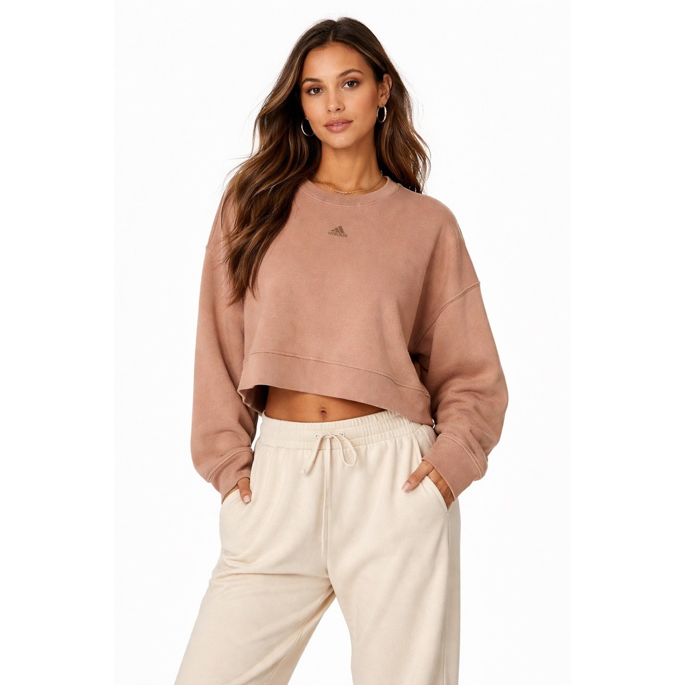 NWOT Adidas Essentials Feelcozy Cropped Sweatshirt Ash Pearl Brown XL New‎